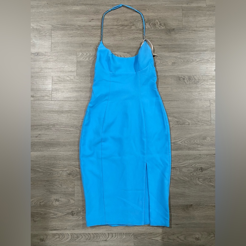 Oh Polly Bodycon Dress Embellished Periwinkle Blue Halter Slit - Picture 3 of 6